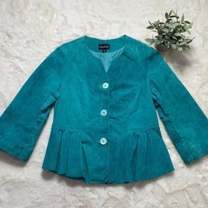 ✏️Dialogue Vintage Leather 3/4 Sleeve Ruffle Button Up Jacket Turquoise Medium